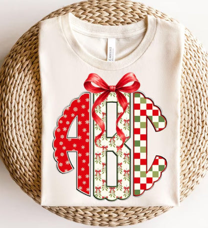 KIDS Christmas Green/red w/ red bow initials