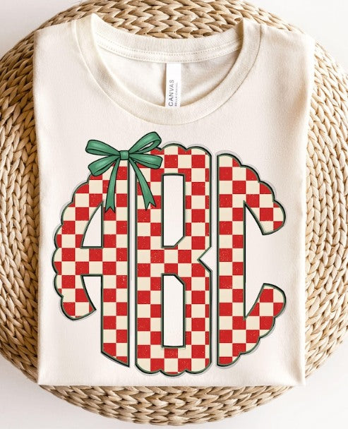 KIDS Checkered red with green bow initials