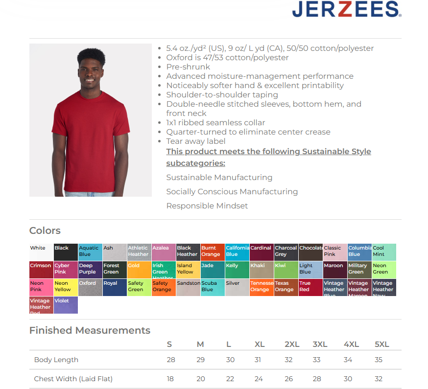 Adults Shirt specs