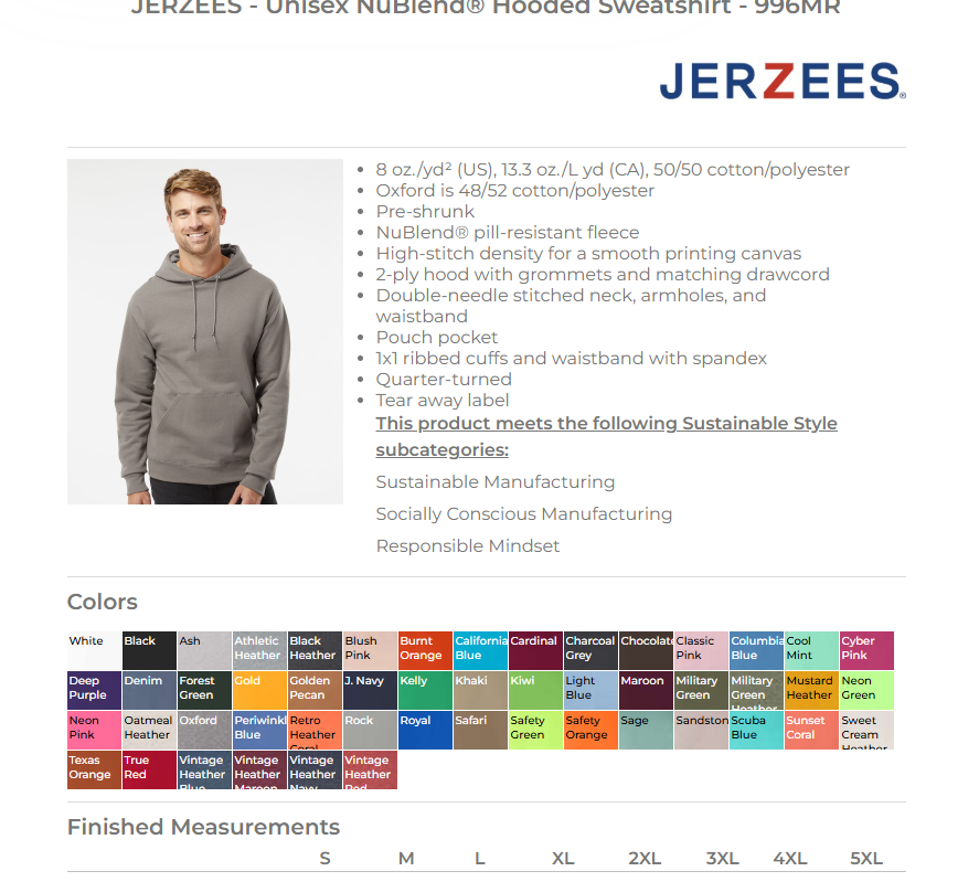Adults Shirt specs