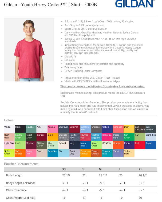 KIDS Shirt specs
