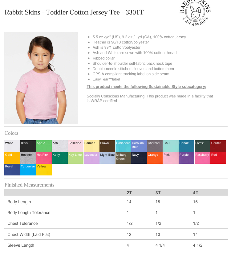 KIDS Shirt specs