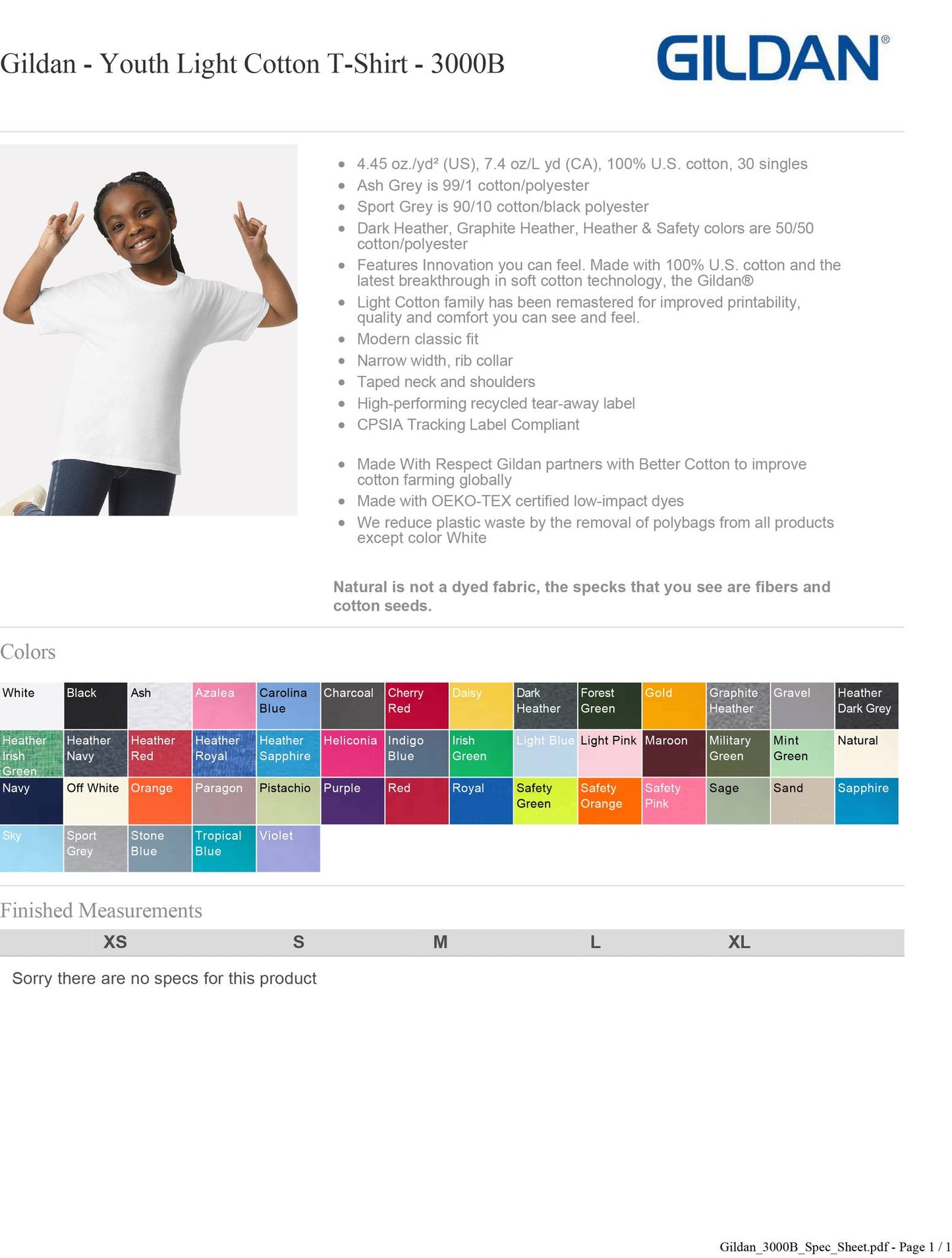 KIDS Shirt specs